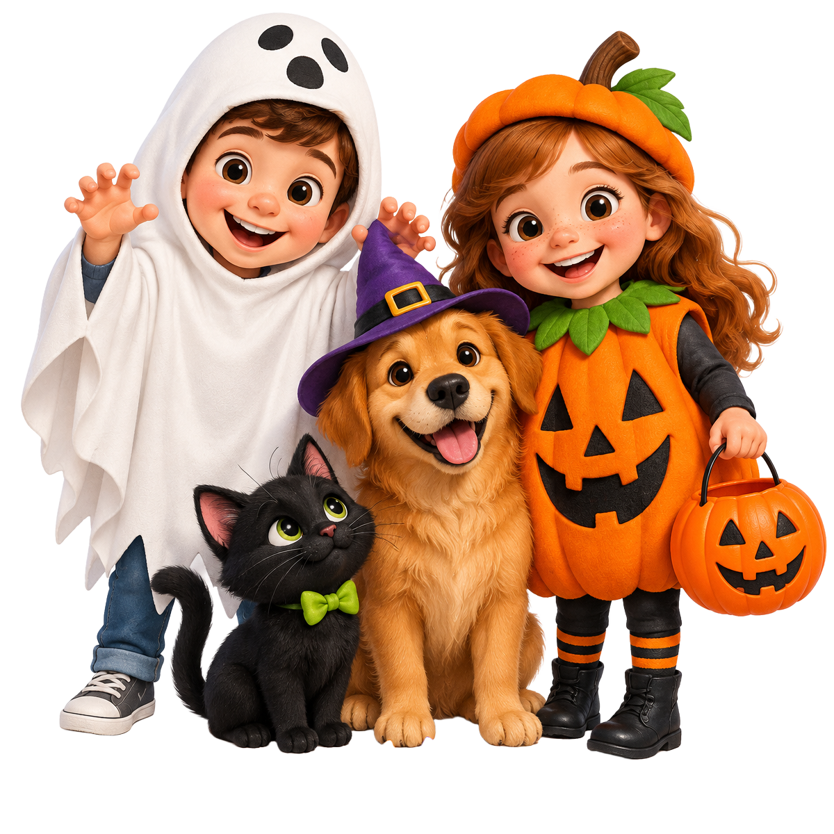 Two children and their dog and cat dressed in friendly Halloween costumes